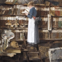 Edouard John Mentha (1858–1915), Maid reading in the library (épousseter les livres ?)